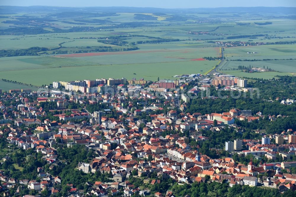 Zatec - Saaz from the bird's eye view: City area with outside districts and inner city area in Zatec - Saaz in Ustecky kraj - Aussiger Region, Czech Republic