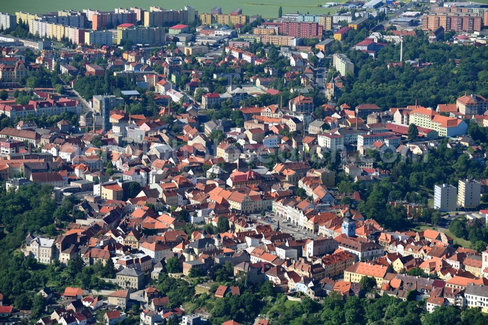 Aerial image Zatec - Saaz - City area with outside districts and inner city area in Zatec - Saaz in Ustecky kraj - Aussiger Region, Czech Republic