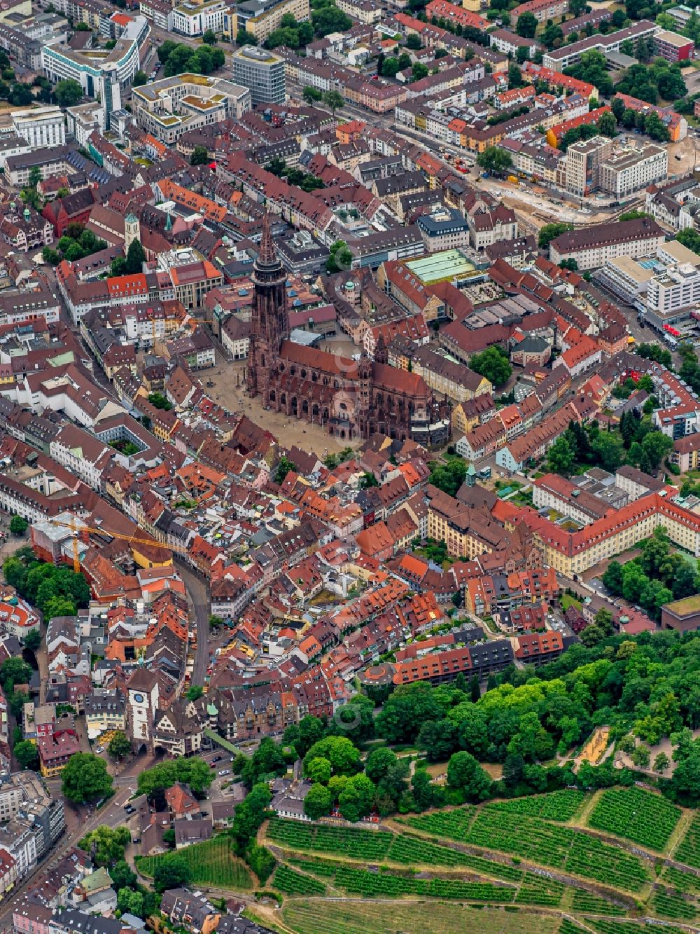 Freiburg im Breisgau from above - City area with outside districts and inner city area in Freiburg im Breisgau in the state Baden-Wuerttemberg, Germany