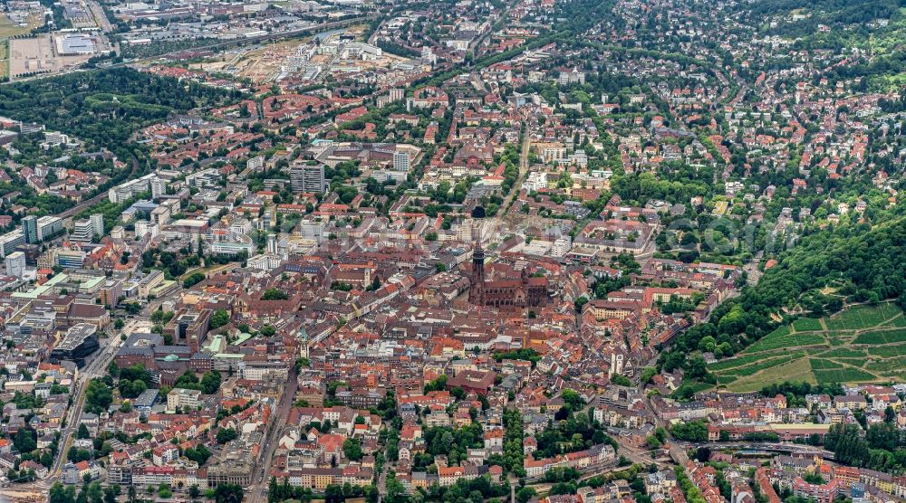 Freiburg im Breisgau from the bird's eye view: City area with outside districts and inner city area in Freiburg im Breisgau in the state Baden-Wuerttemberg, Germany