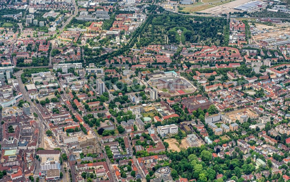 Aerial image Freiburg im Breisgau - City area with outside districts and inner city area in Freiburg im Breisgau in the state Baden-Wuerttemberg, Germany