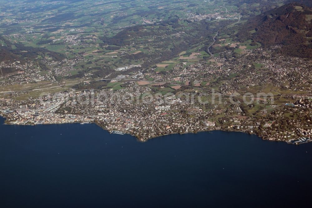 La Tour-de-Peilz from the bird's eye view: City area with outside districts and inner city area in La Tour de Peitz and Vevey at Lake Geneva in the canton Vaud, Switzerland