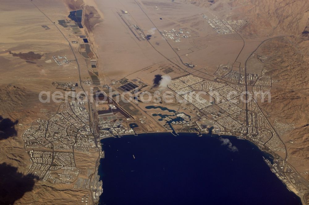 Aerial image Eilat - City area of the two cities Eilat, Israel (left) and Aqaba, Jordan (right) at the northern point of the Gulf of Aqaba