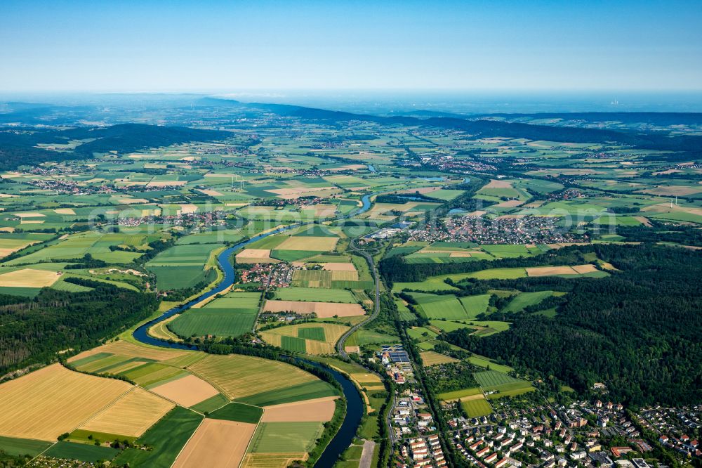 Hameln from above - Urban area with outskirts and inner city area on the Weser in Hameln in the state Lower Saxony, Germany