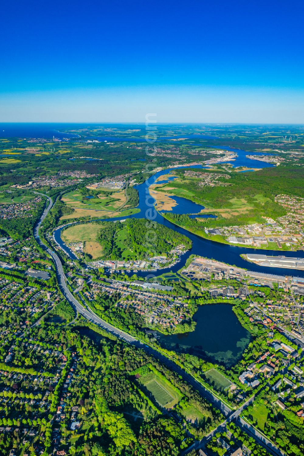 Lübeck from above - Urban area with outskirts and inner city area Bad Schwartau in Luebeck in the state Schleswig-Holstein, Germany