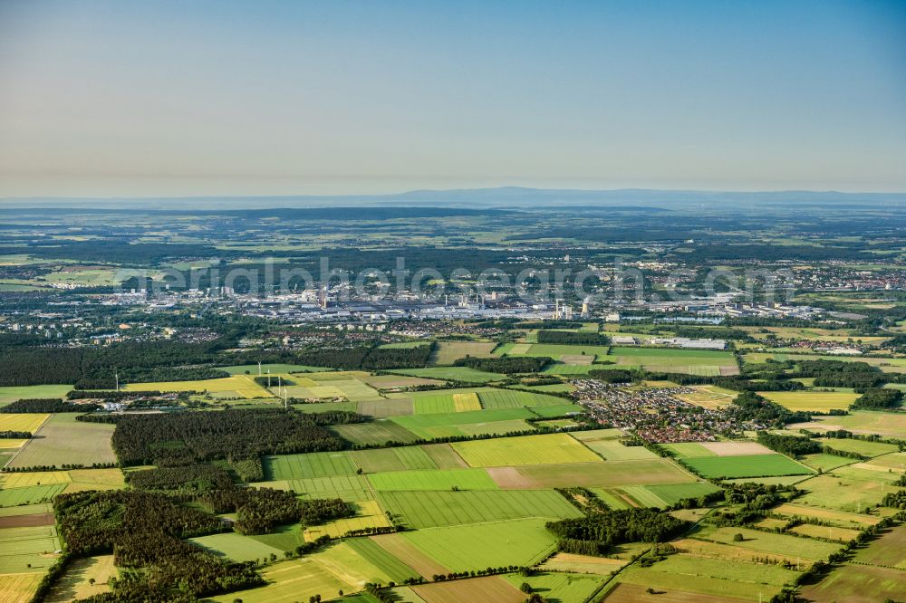 Wolfsburg from above - City area with outside districts and inner city area in Wolfsburg in the state Lower Saxony, Germany