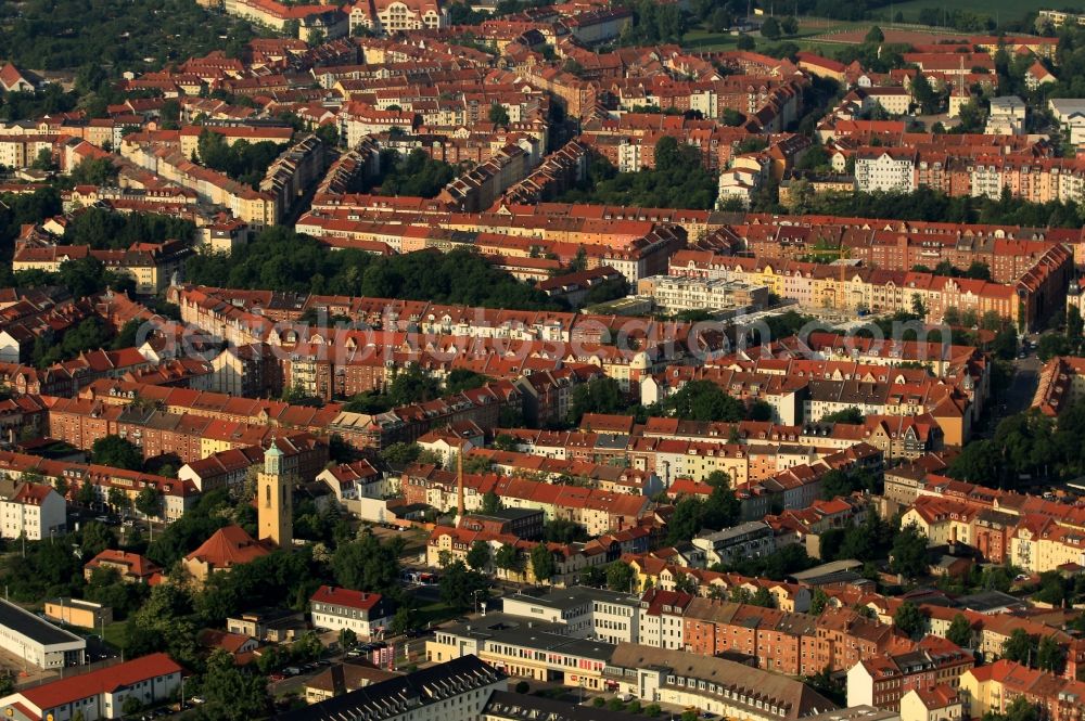 Aerial image Erfurt - Commercial and residential buildings in the Magdeburg Avenue, and the Evangelical Lutheran Church in St. John's suburb in Erfurt in Thuringa