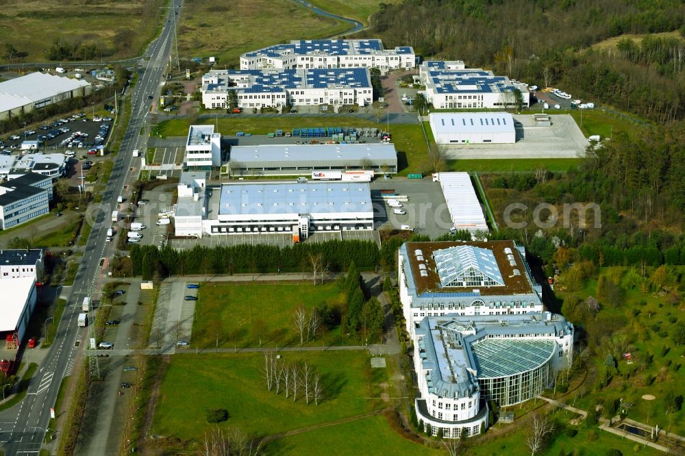 Dietzenbach from above - Office building of the administration and business building ExperTeach Gesellschaft fuer Netzwerkkompetenz mbH and seat of Controlware GmbH in Dietzenbach in the state Hesse, Germany