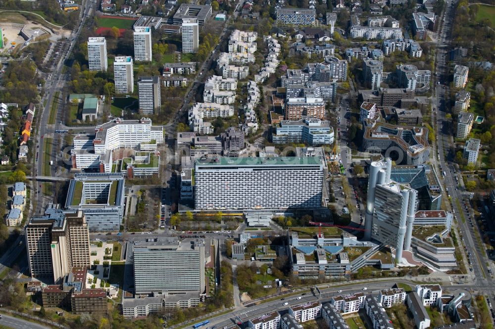 München from above - High-rise building of HVB - UniCredit Bank and Sheraton Munich Arabellapark Hotel in the district of Bogenhausen in Munich in the state Bavaria, Germany