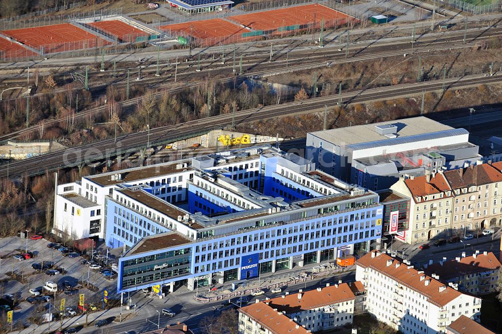 München Laim from above - View of a Business complex on Landsberger St. in Munich / Laim. It houses Peugeot Bayern, Fitness First and MyPlace SelfStorage, among others