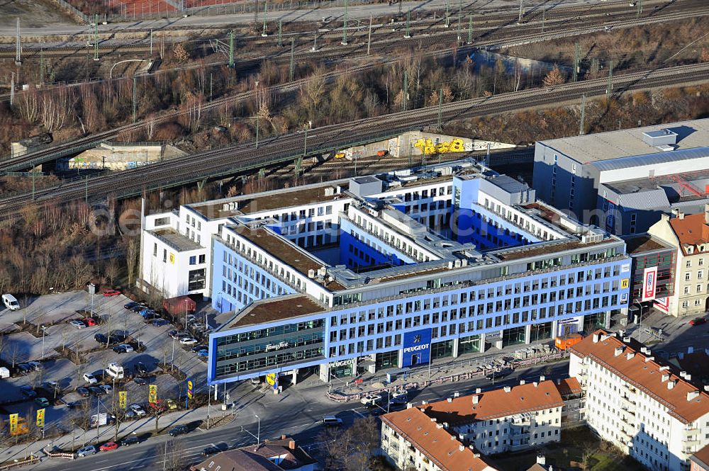 München Laim from the bird's eye view: View of a Business complex on Landsberger St. in Munich / Laim. It houses Peugeot Bayern, Fitness First and MyPlace SelfStorage, among others