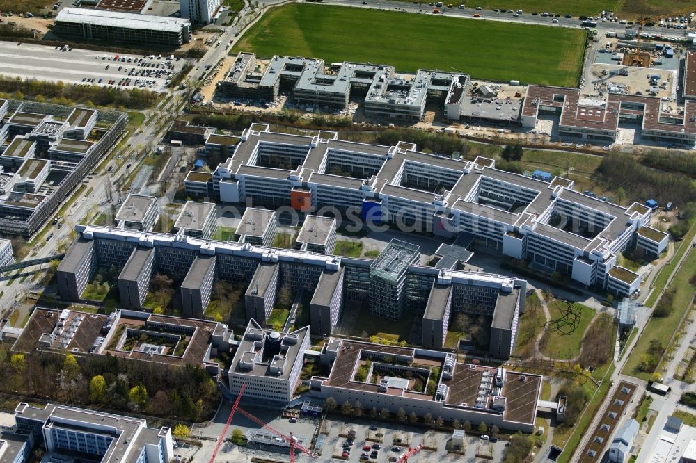 Unterföhring from above - Office building - Ensemble of Allianz Deutschland AG on Dieselstrasse in the district Bogenhausen in Unterfoehring in the state Bavaria, Germany