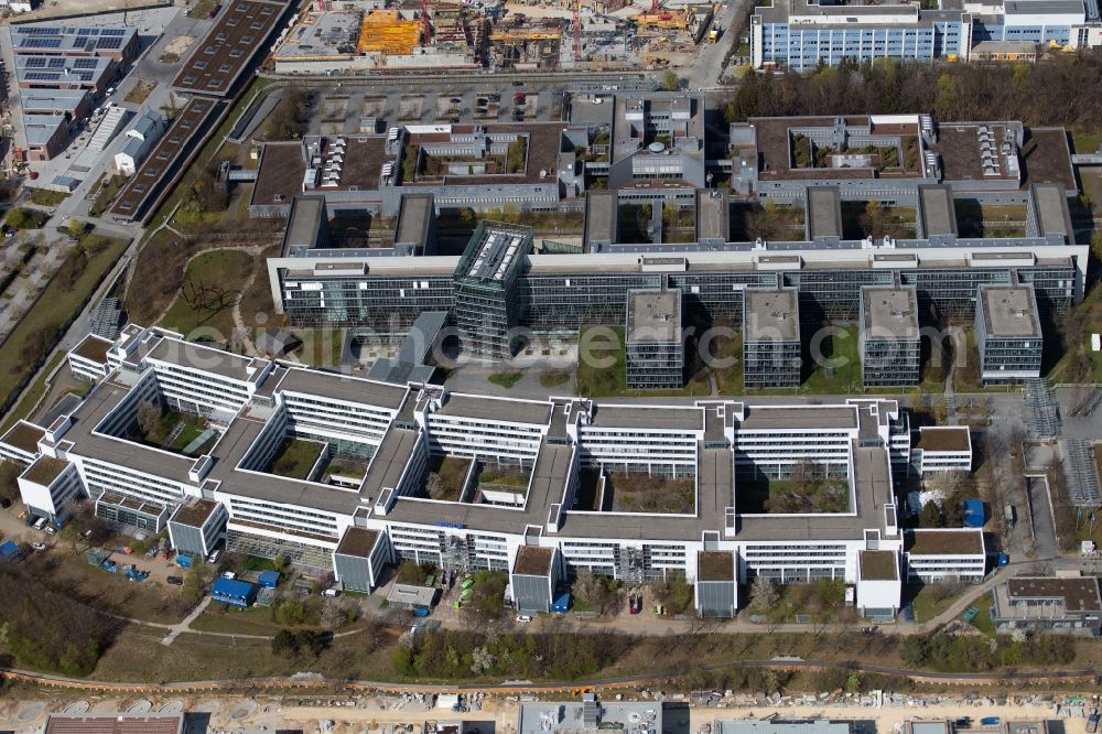 Unterföhring from the bird's eye view: Office building - Ensemble of Allianz Deutschland AG on Dieselstrasse in the district Bogenhausen in Unterfoehring in the state Bavaria, Germany