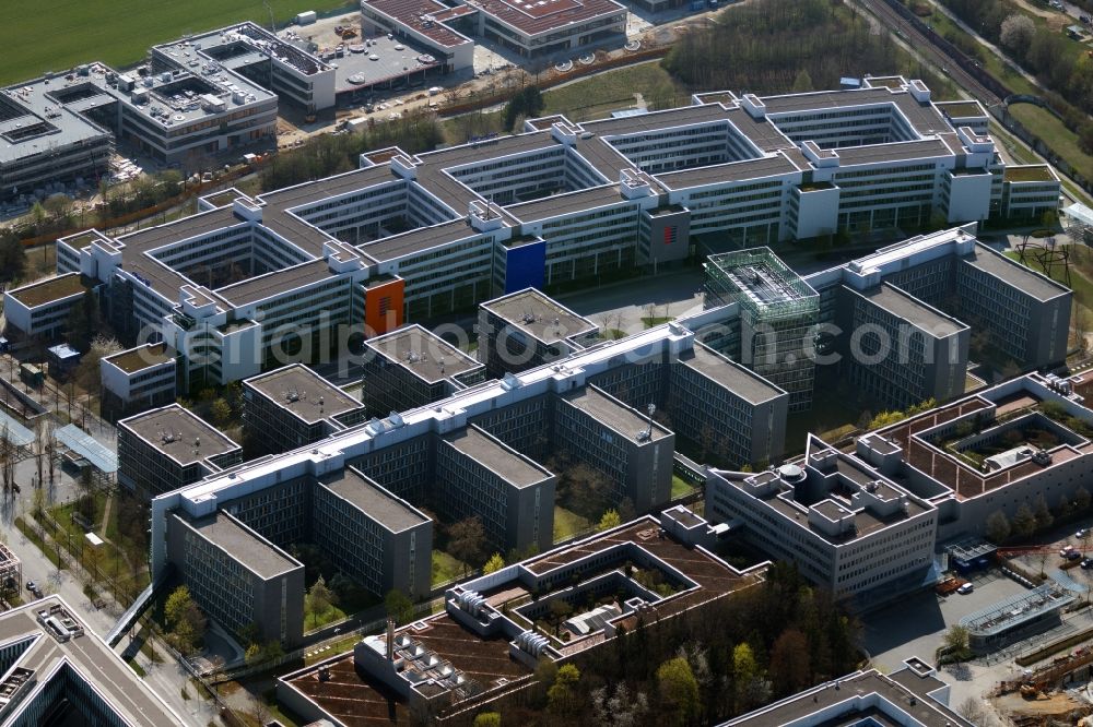 Aerial image Unterföhring - Office building - Ensemble of Allianz Deutschland AG on Dieselstrasse in the district Bogenhausen in Unterfoehring in the state Bavaria, Germany