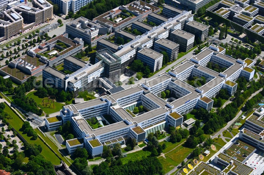 Unterföhring from above - Office building - Ensemble of Allianz Deutschland AG on Dieselstrasse in the district Bogenhausen in Unterfoehring in the state Bavaria, Germany