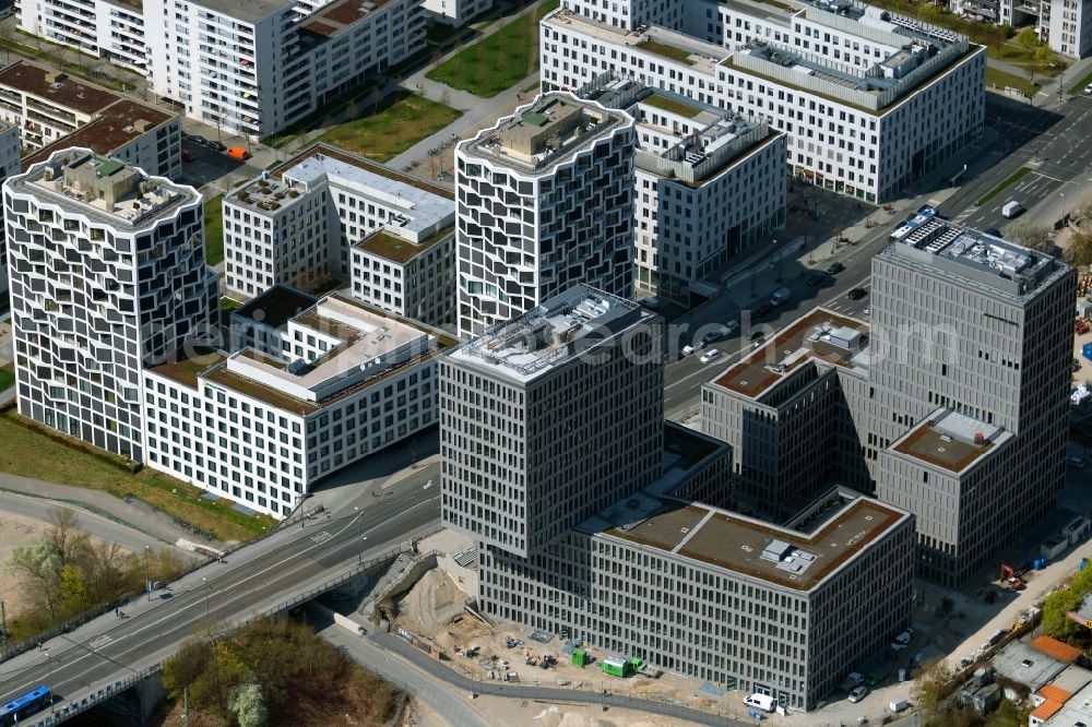 München from above - Building site office building Kap West on Friedenheimer Bruecke corner Birketweg in the district Hirschgarten in Munich in the state Bavaria, Germany