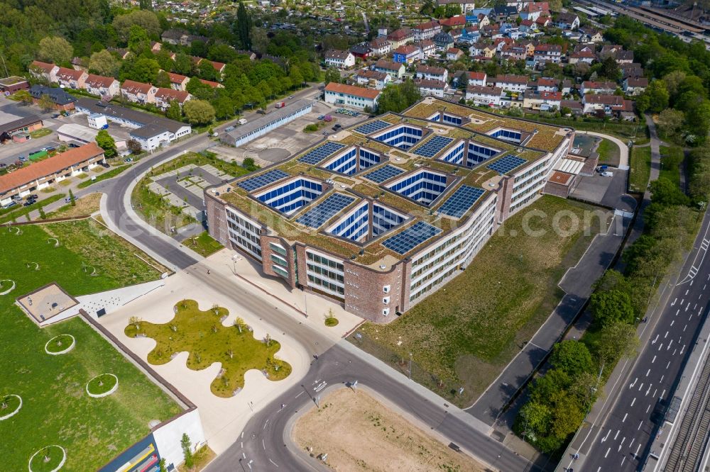 Aerial image Karlsruhe - New office and commercial building of dm-drogerie markt GmbH + Co. KG on Alte Karlsruher Strasse in Karlsruhe in the state Baden-Wurttemberg, Germany