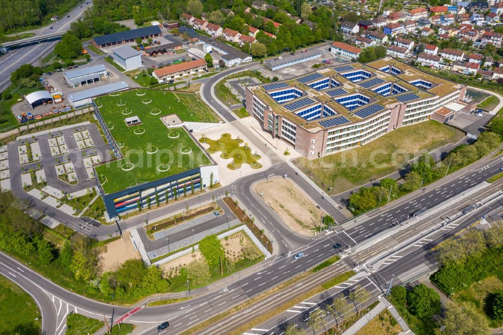 Aerial photograph Karlsruhe - New office and commercial building of dm-drogerie markt GmbH + Co. KG on Alte Karlsruher Strasse in Karlsruhe in the state Baden-Wurttemberg, Germany