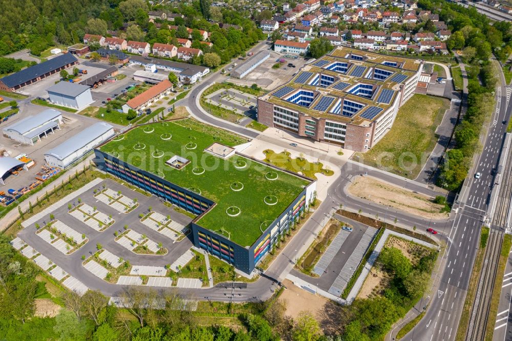 Karlsruhe from above - New office and commercial building of dm-drogerie markt GmbH + Co. KG on Alte Karlsruher Strasse in Karlsruhe in the state Baden-Wurttemberg, Germany