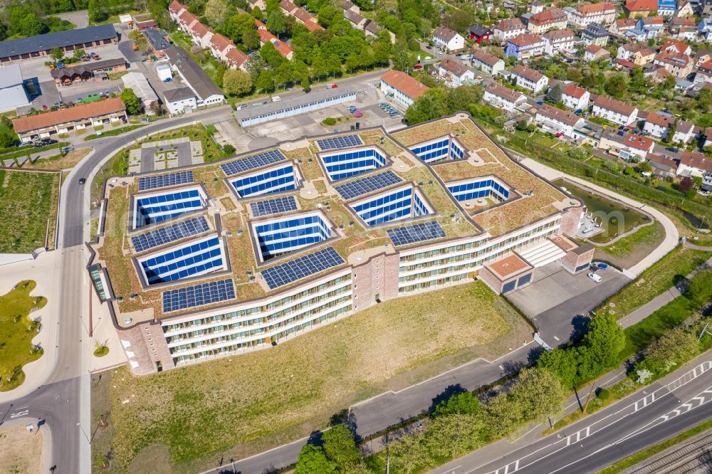 Aerial image Karlsruhe - New office and commercial building of dm-drogerie markt GmbH + Co. KG on Alte Karlsruher Strasse in Karlsruhe in the state Baden-Wurttemberg, Germany