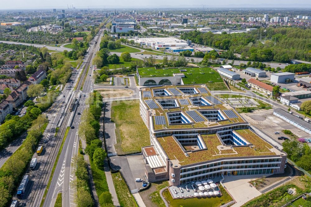 Karlsruhe from above - New office and commercial building of dm-drogerie markt GmbH + Co. KG on Alte Karlsruher Strasse in Karlsruhe in the state Baden-Wurttemberg, Germany