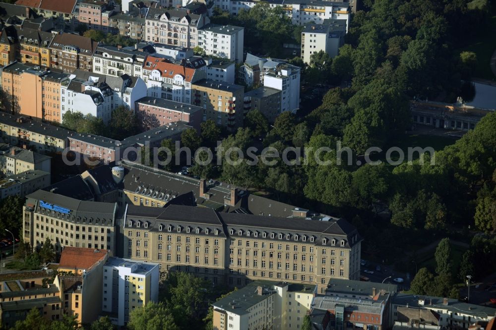 Aerial image Berlin - Office building of Debeka insurance in the Schoeneberg part of Berlin in Germany. The historic building is located on Rudolph-Wilde-Park