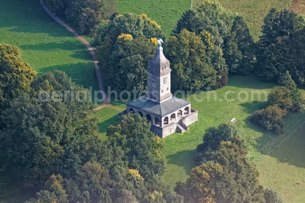 Aerial photograph Berg - Tourist attraction of the historic monument Bismarckturm in Berg in the state Bavaria, Germany