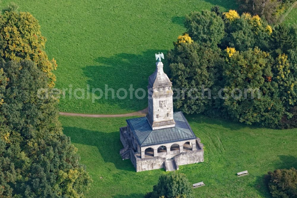 Berg from above - Tourist attraction of the historic monument Bismarckturm in Berg in the state Bavaria, Germany