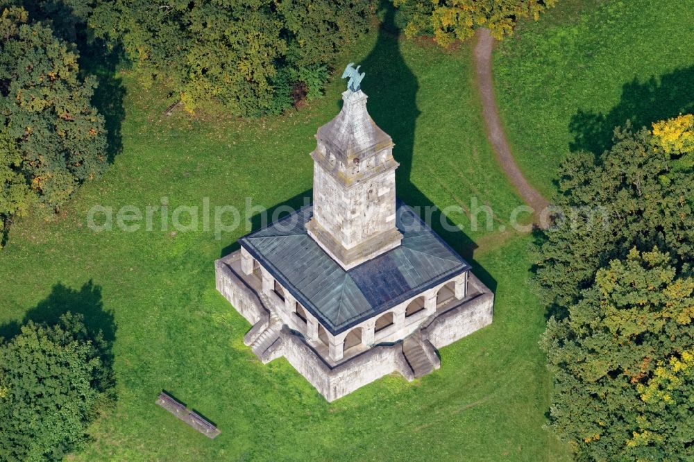 Berg from the bird's eye view: Tourist attraction of the historic monument Bismarckturm in Berg in the state Bavaria, Germany