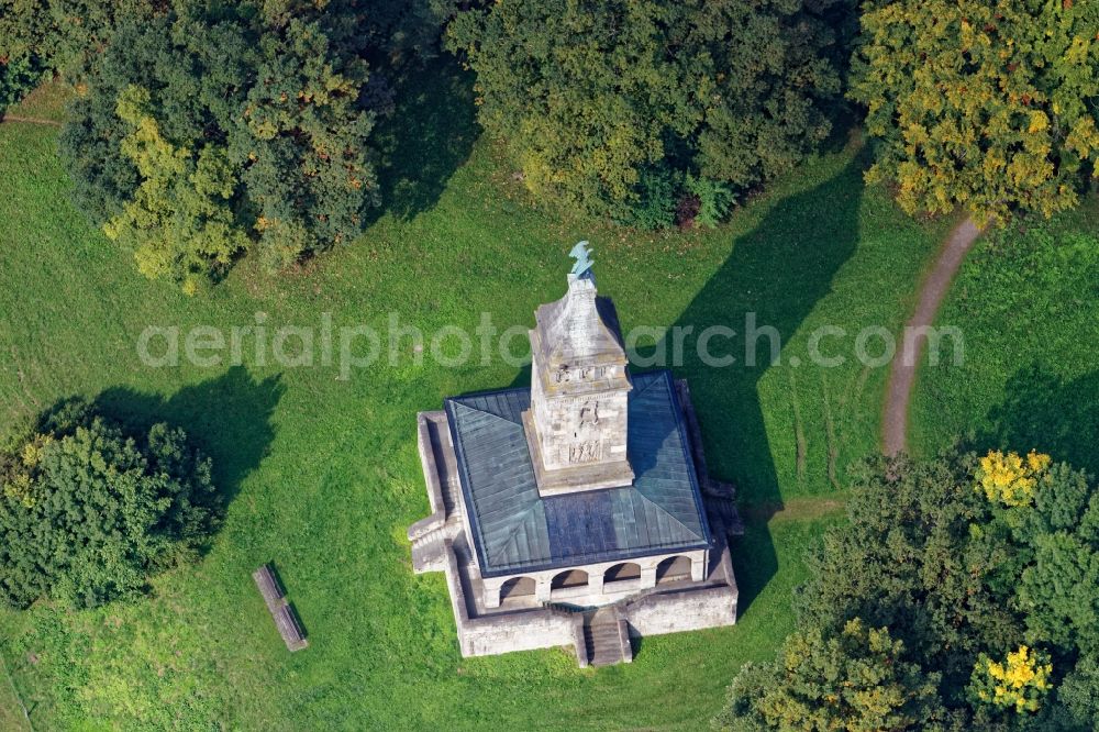 Aerial image Berg - Tourist attraction of the historic monument Bismarckturm in Berg in the state Bavaria, Germany