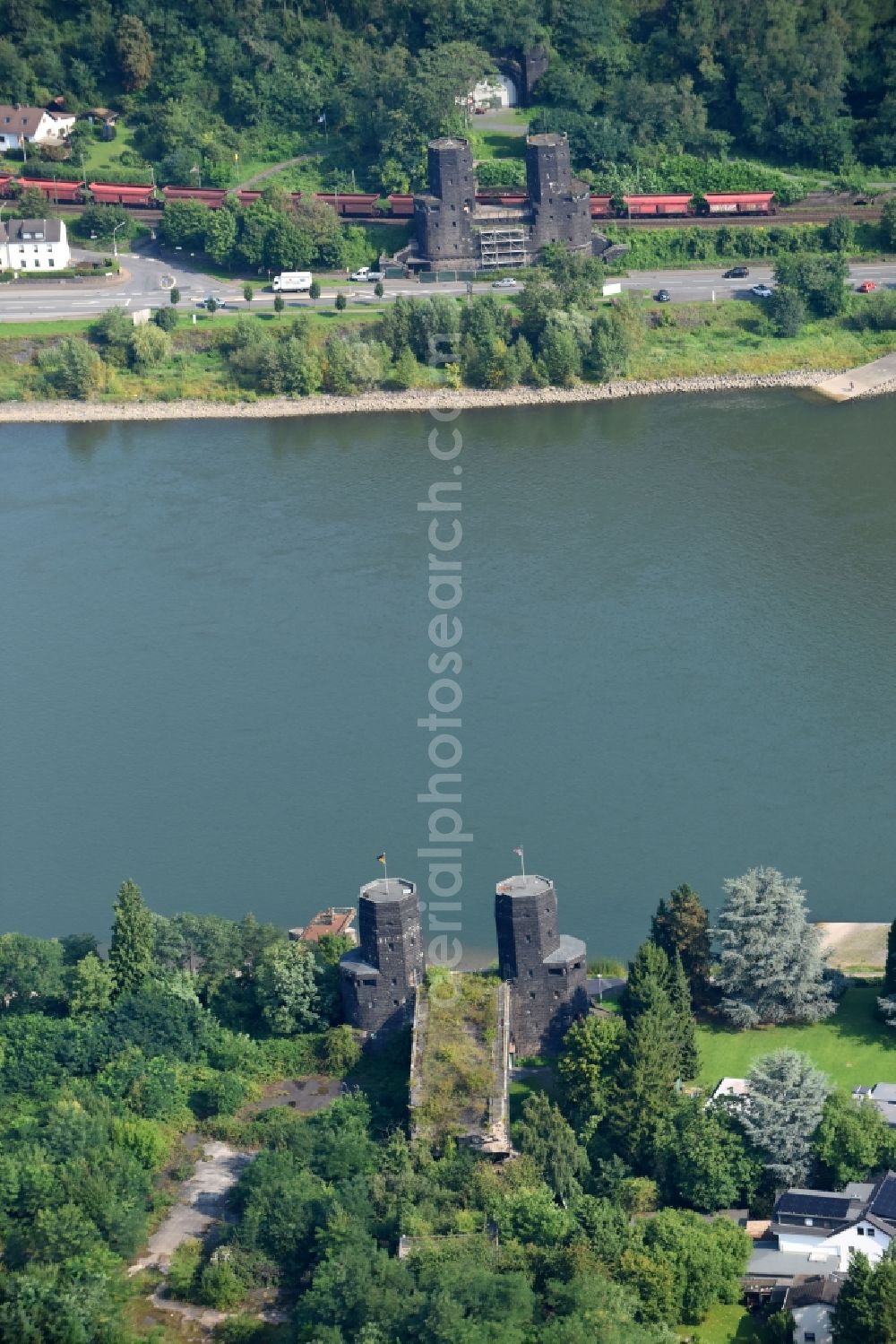 Remagen from above - Tourist attraction of the historic monument Bruecke von Remagen An of Alten Rheinbruecke in Remagen in the state Rhineland-Palatinate, Germany