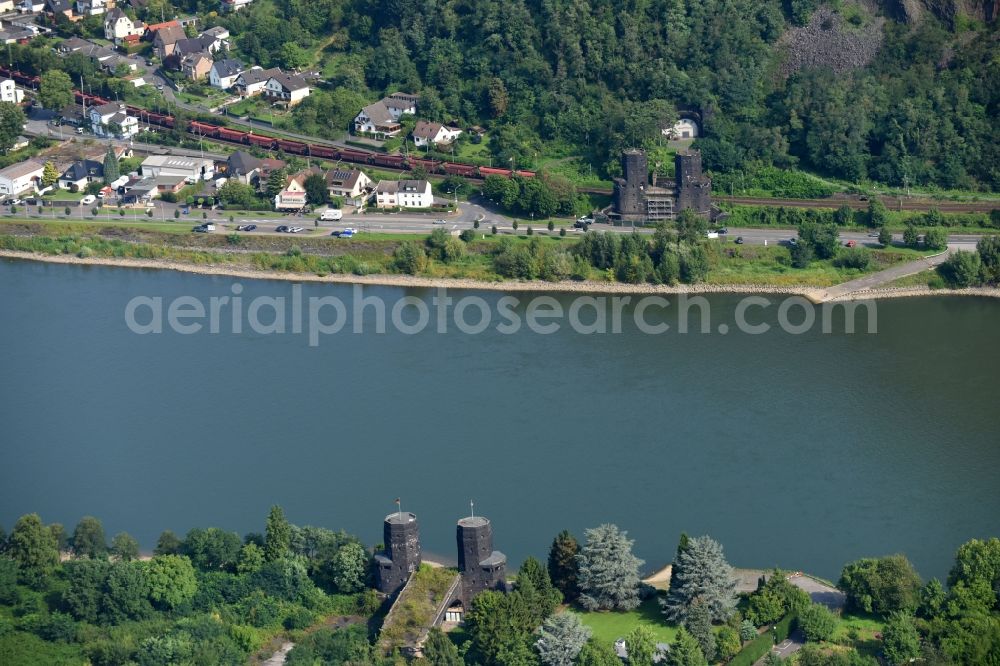 Aerial image Remagen - Tourist attraction of the historic monument Bruecke von Remagen An of Alten Rheinbruecke in Remagen in the state Rhineland-Palatinate, Germany