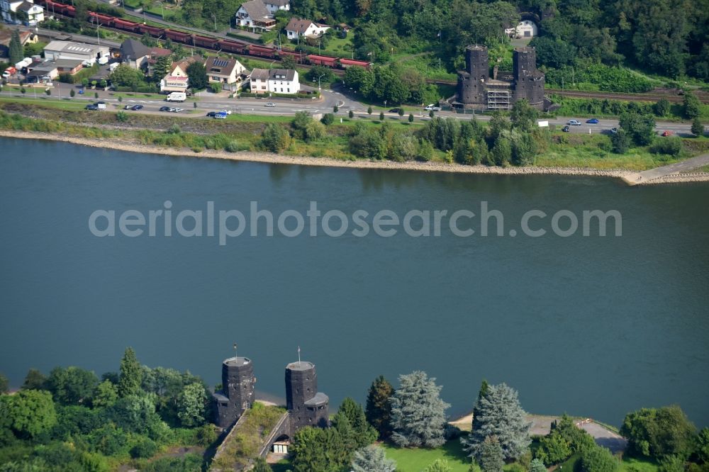 Aerial photograph Remagen - Tourist attraction of the historic monument Bruecke von Remagen An of Alten Rheinbruecke in Remagen in the state Rhineland-Palatinate, Germany