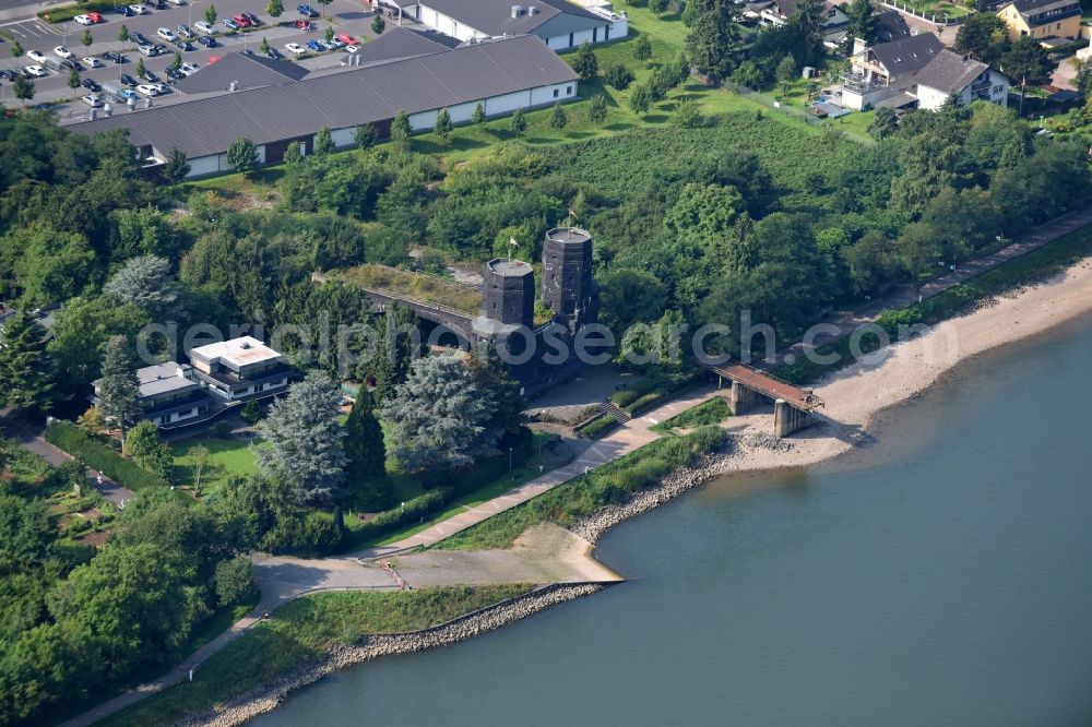 Remagen from the bird's eye view: Tourist attraction of the historic monument Bruecke von Remagen An of Alten Rheinbruecke on Rheinpromenade in Remagen in the state Rhineland-Palatinate, Germany