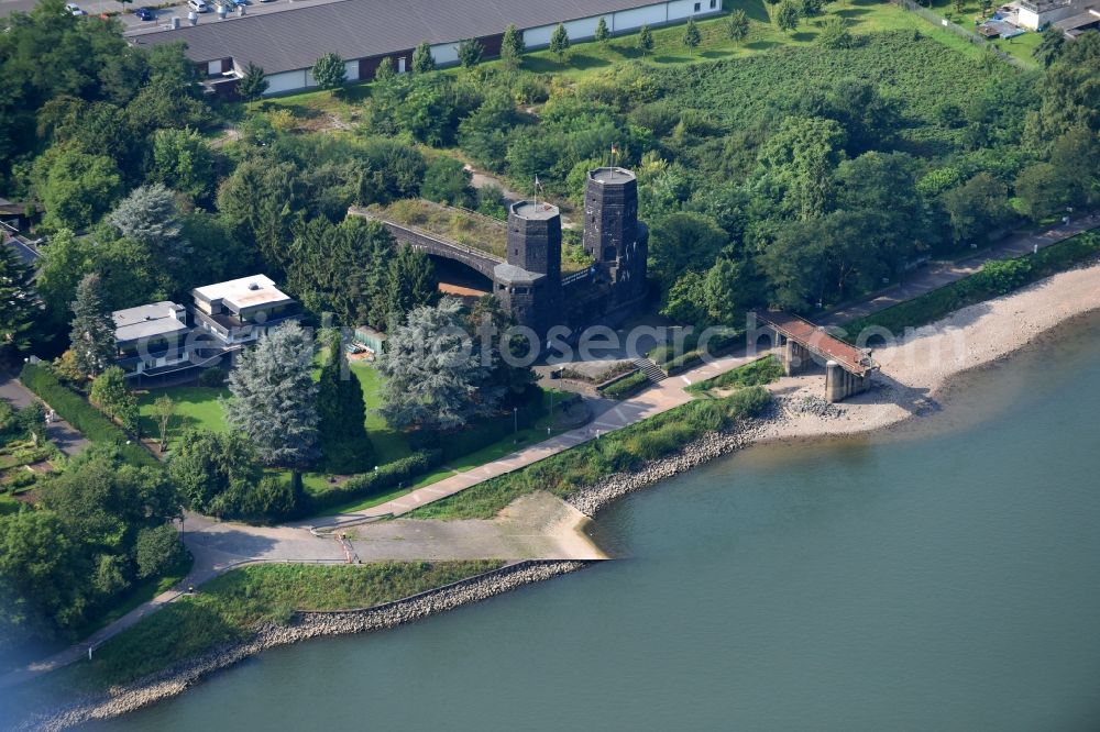 Aerial image Remagen - Tourist attraction of the historic monument Bruecke von Remagen An of Alten Rheinbruecke on Rheinpromenade in Remagen in the state Rhineland-Palatinate, Germany