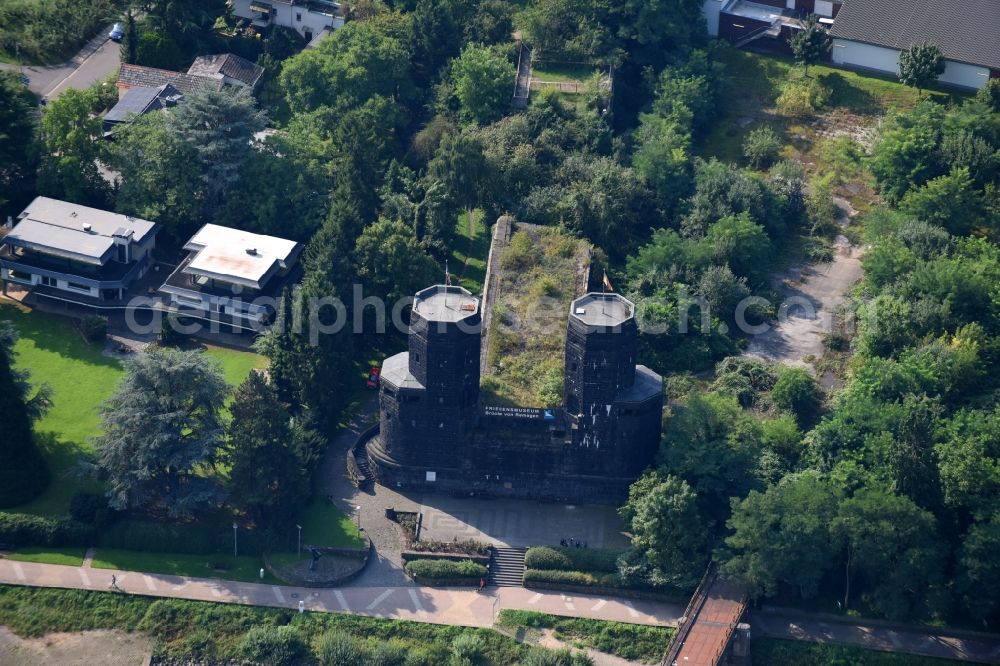 Remagen from above - Tourist attraction of the historic monument Bruecke von Remagen An of Alten Rheinbruecke on Rheinpromenade in Remagen in the state Rhineland-Palatinate, Germany