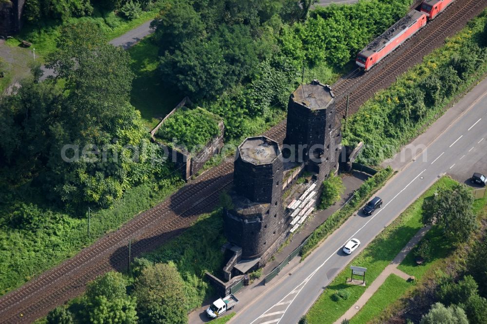 Aerial image Remagen - Tourist attraction of the historic monument Bruecke von Remagen An of Alten Rheinbruecke on Rheinpromenade in Remagen in the state Rhineland-Palatinate, Germany