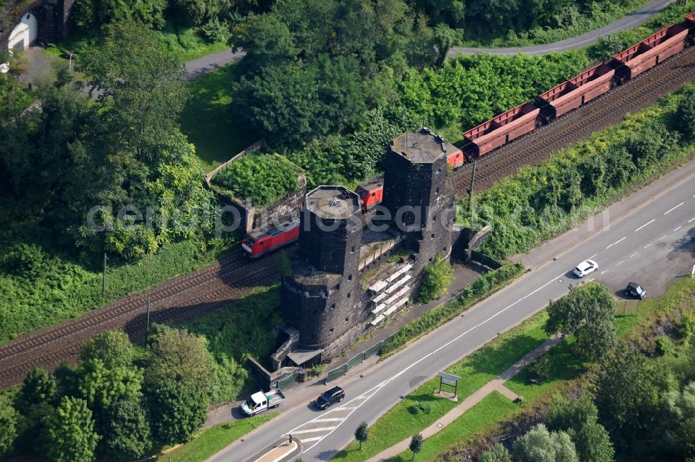 Aerial photograph Remagen - Tourist attraction of the historic monument Bruecke von Remagen An of Alten Rheinbruecke on Rheinpromenade in Remagen in the state Rhineland-Palatinate, Germany