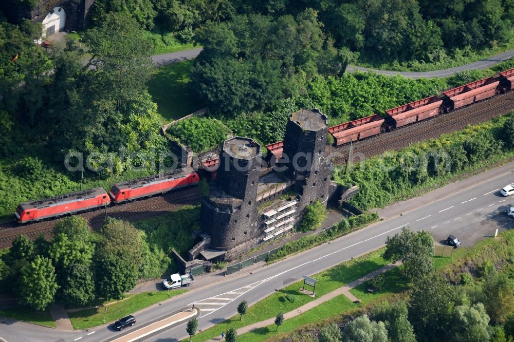 Remagen from above - Tourist attraction of the historic monument Bruecke von Remagen An of Alten Rheinbruecke on Rheinpromenade in Remagen in the state Rhineland-Palatinate, Germany