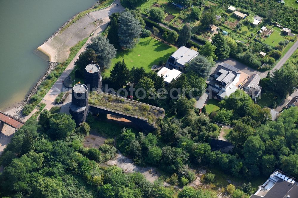 Aerial image Remagen - Tourist attraction of the historic monument Bruecke von Remagen An of Alten Rheinbruecke on Rheinpromenade in Remagen in the state Rhineland-Palatinate, Germany