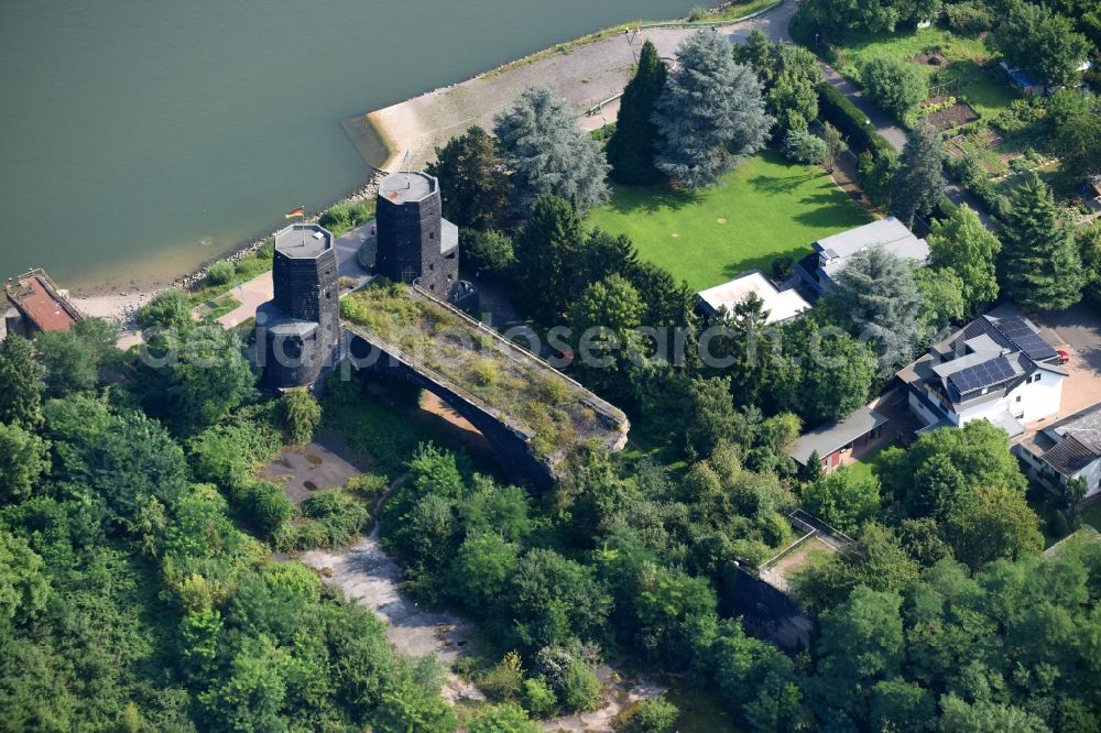 Remagen from above - Tourist attraction of the historic monument Bruecke von Remagen An of Alten Rheinbruecke on Rheinpromenade in Remagen in the state Rhineland-Palatinate, Germany