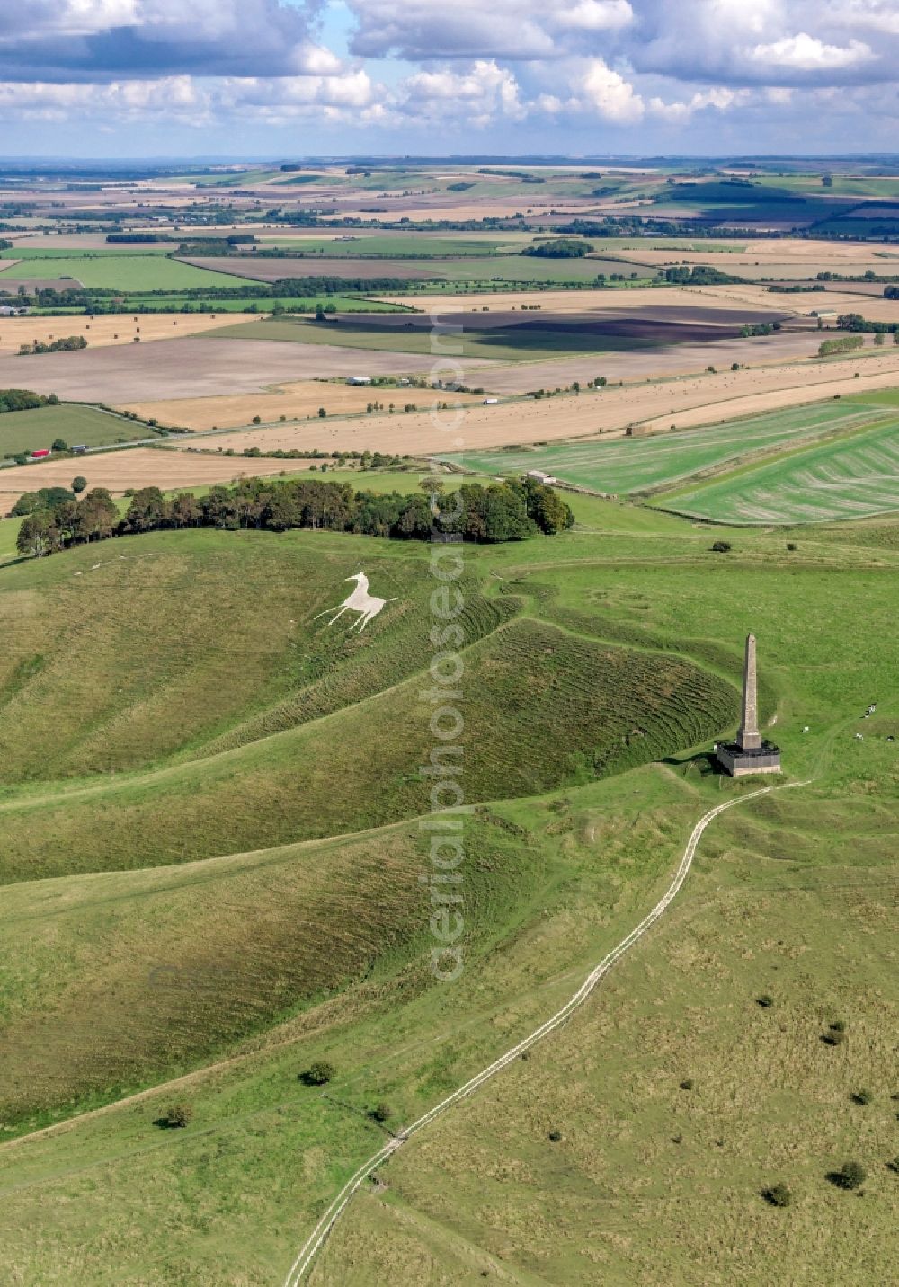 Aerial photograph Cherhill - Tourist attraction of the historic monument Cherhill White Horse and Obelisk Lansdowne Monument in Cherhill in United Kingdom