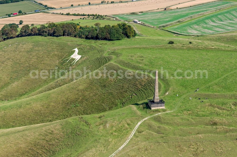 Cherhill from above - Tourist attraction of the historic monument Cherhill White Horse and Obelisk Lansdowne Monument in Cherhill in United Kingdom