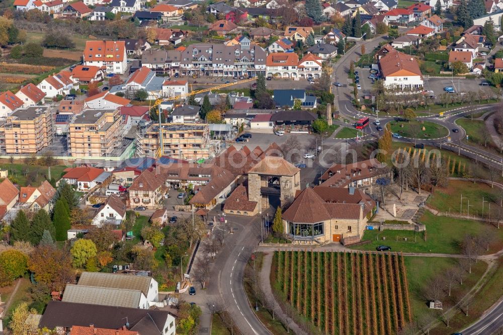 Aerial image Schweigen-Rechtenbach - Tourist attraction of the historic monument Deutsches Weintor (Start of the German Wine-Street) in Schweigen-Rechtenbach in the state Rhineland-Palatinate, Germany