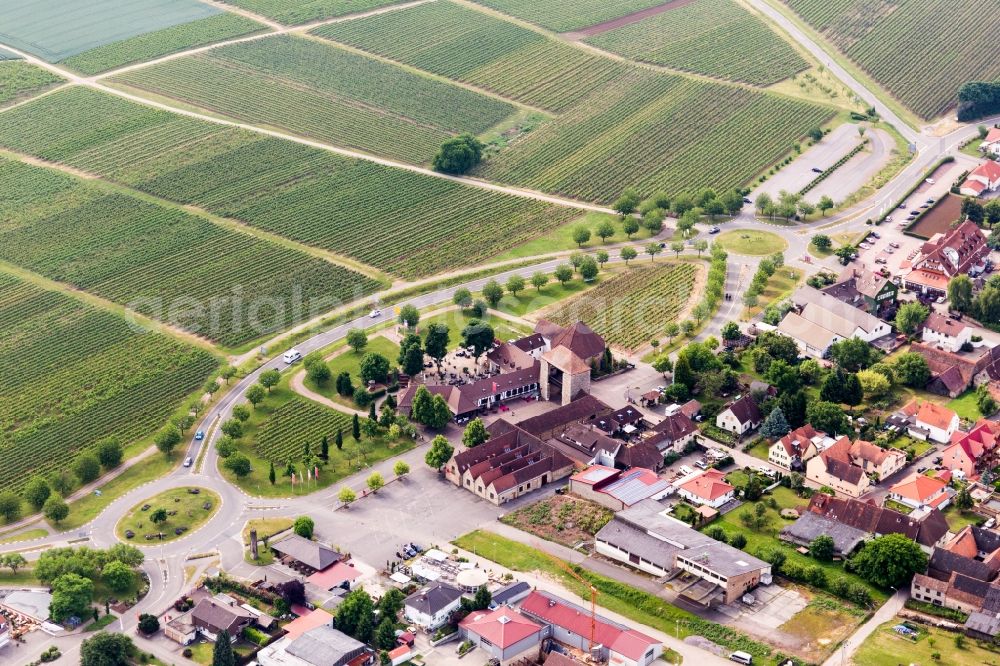 Schweigen-Rechtenbach from above - Tourist attraction of the historic monument Deutsches Weintor in Schweigen-Rechtenbach in the state Rhineland-Palatinate, Germany