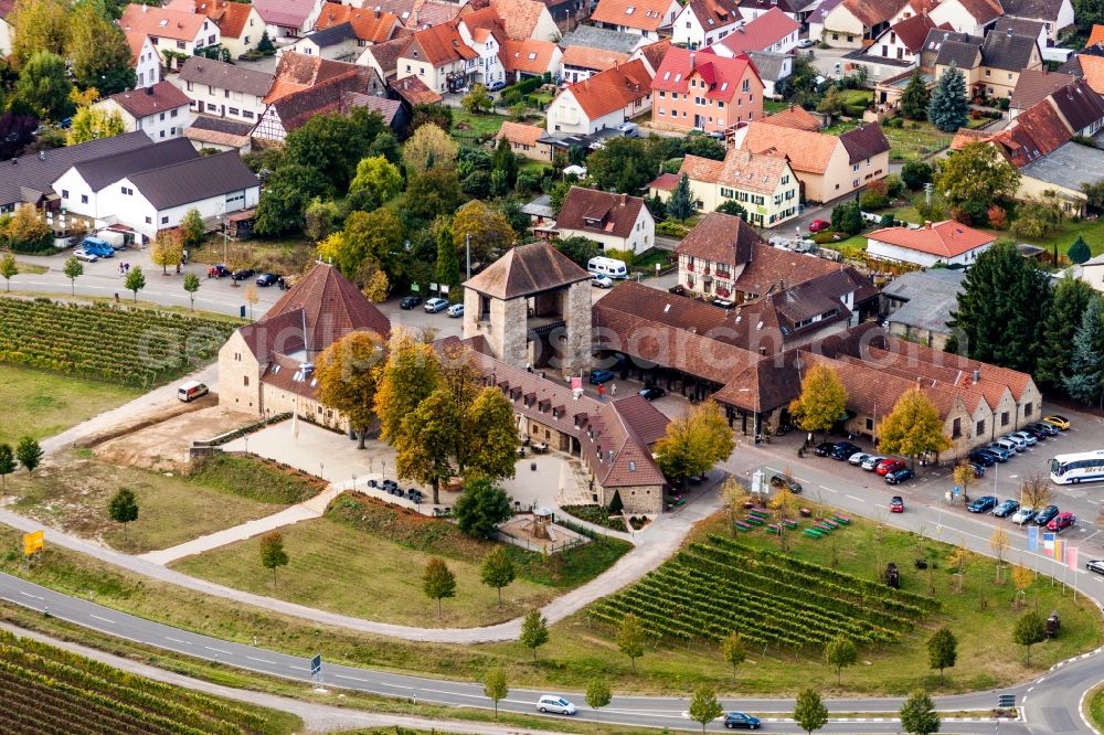 Schweigen-Rechtenbach from the bird's eye view: Tourist attraction of the historic monument Deutsches Weintor in Schweigen-Rechtenbach in the state Rhineland-Palatinate, Germany