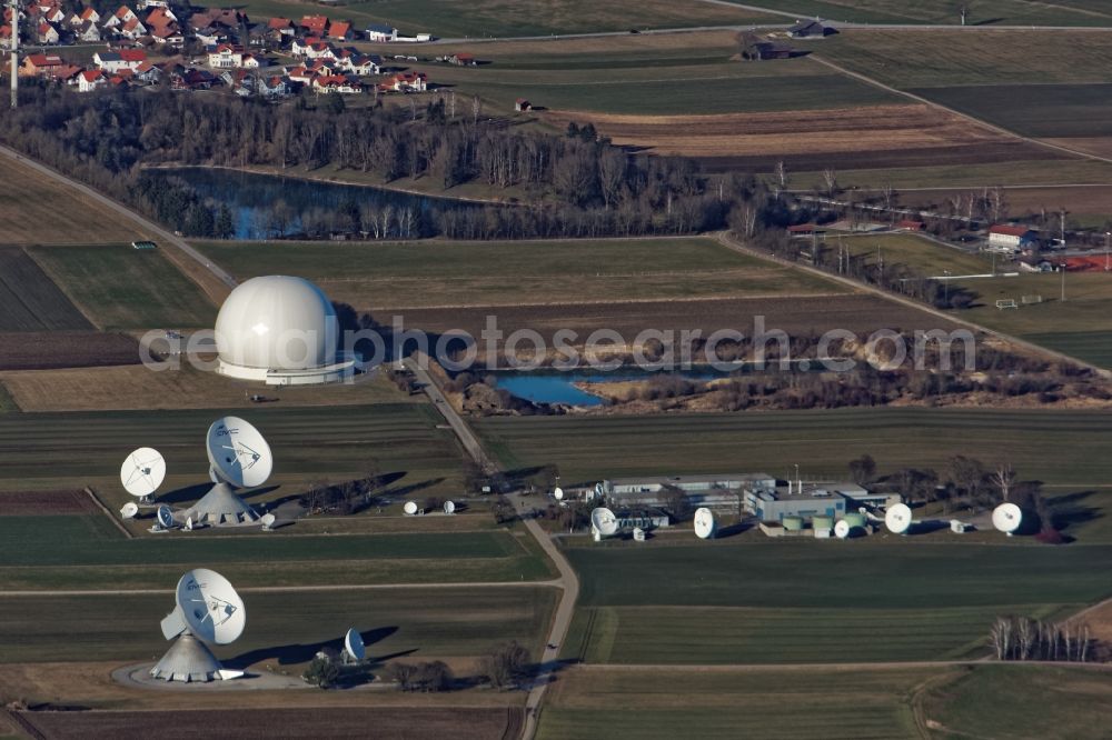 Raisting from above - Tourist attraction of the historic monument Erdfunkstelle Raisting in Raisting in the state Bavaria. The so-called radome, a spherical air-inflated tent, is available as a technical monument conservation