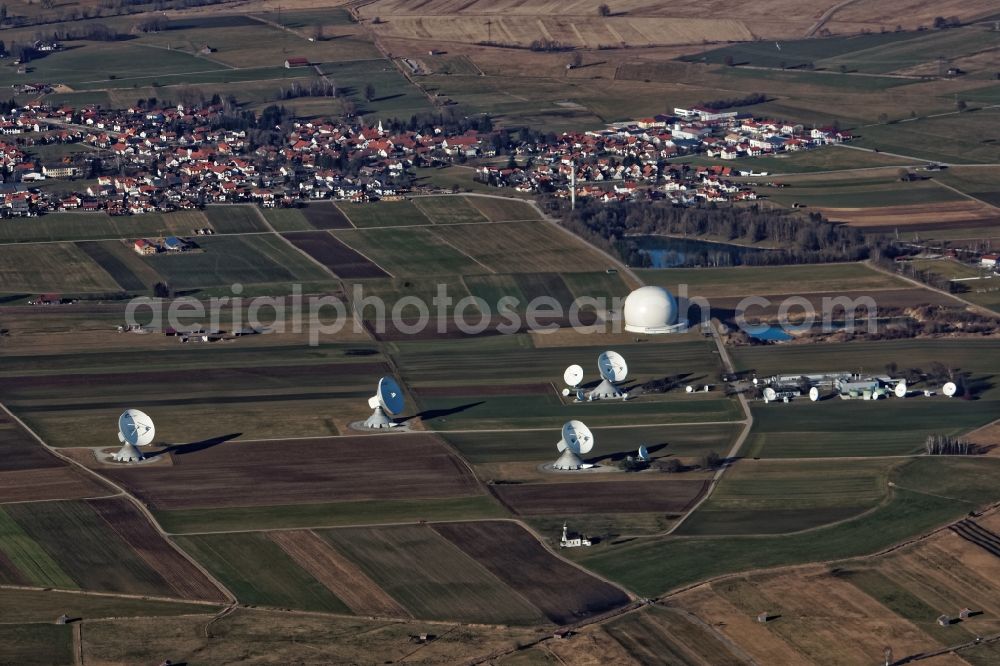 Raisting from the bird's eye view: Tourist attraction of the historic monument Erdfunkstelle Raisting in Raisting in the state Bavaria. The so-called radome, a spherical air-inflated tent, is available as a technical monument conservation