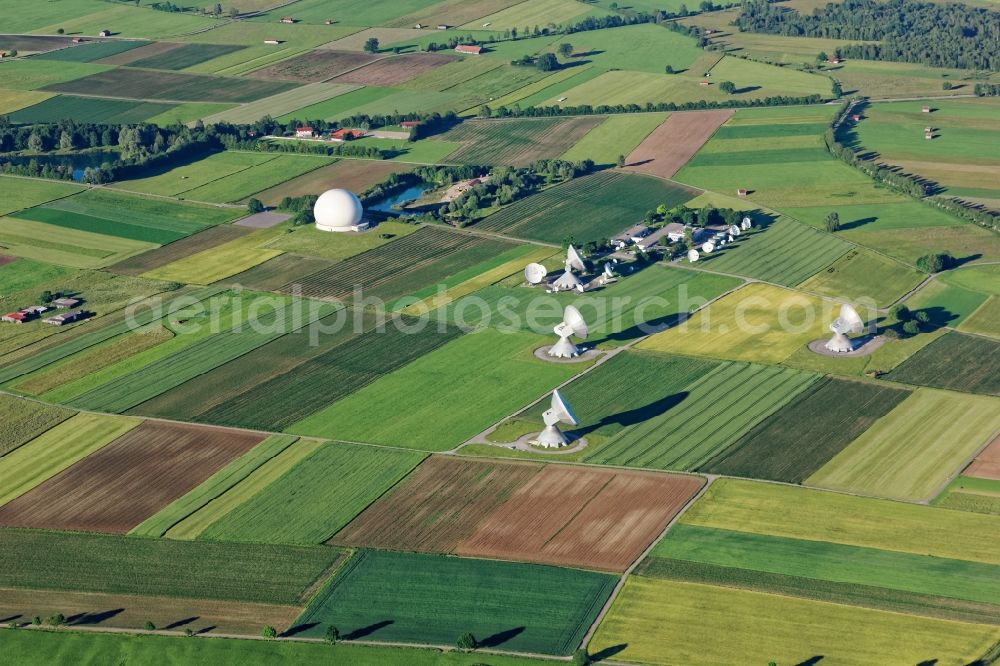 Aerial image Raisting - Tourist attraction of the historic monument Erdfunkstelle Raisting in Raisting in the state Bavaria. The so-called radome, a spherical air-inflated tent, is available as a technical monument conservation