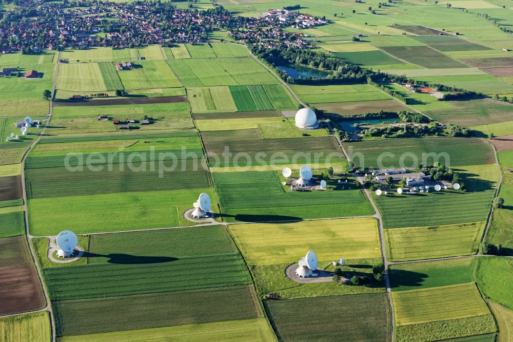 Raisting from above - Tourist attraction of the historic monument Erdfunkstelle Raisting in Raisting in the state Bavaria. The so-called radome, a spherical air-inflated tent, is available as a technical monument conservation